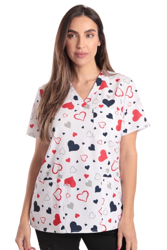 Women's V-Neck Printed Scrub Top (White Red Blue Heart Stretch Fabric, 3X)