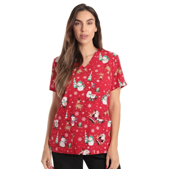 Just Love Women's V-Neck Printed Scrub Top (Xmas Santa Reindeer Stretch Fabric, X-Small)