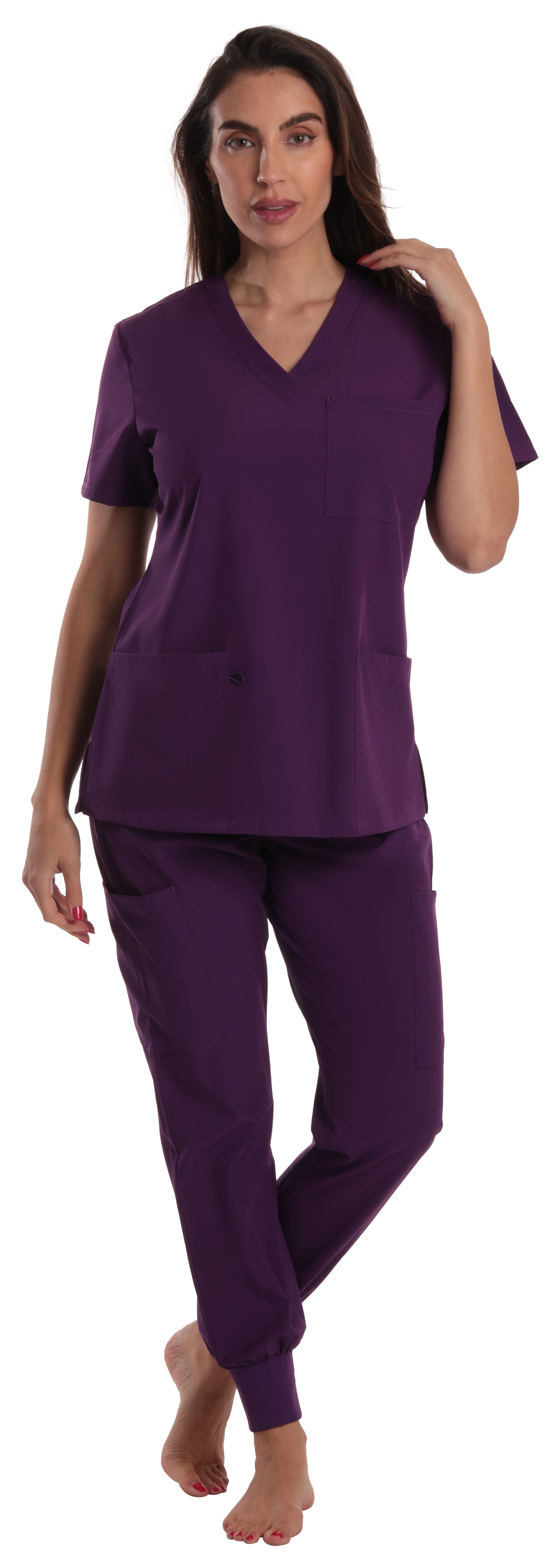 Just Love Women's V-Neck Scrub Set with Jogger Pants  Comfortable and Stylish Medical Uniform (Eggplant Stretch Fabric, 3X)