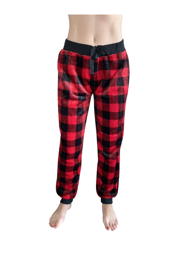 Women's Velour Plush Jogger Pants - Soft and Cozy Lounge (Buffalo Plaid, 1X Plus, Regular)