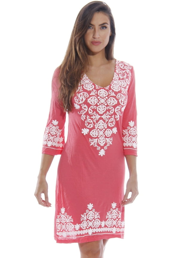 Womens 3/4 Sleeve Swimsuit Cover Up Casual Tunic Resort Wear (Coral, 2X, Regular)