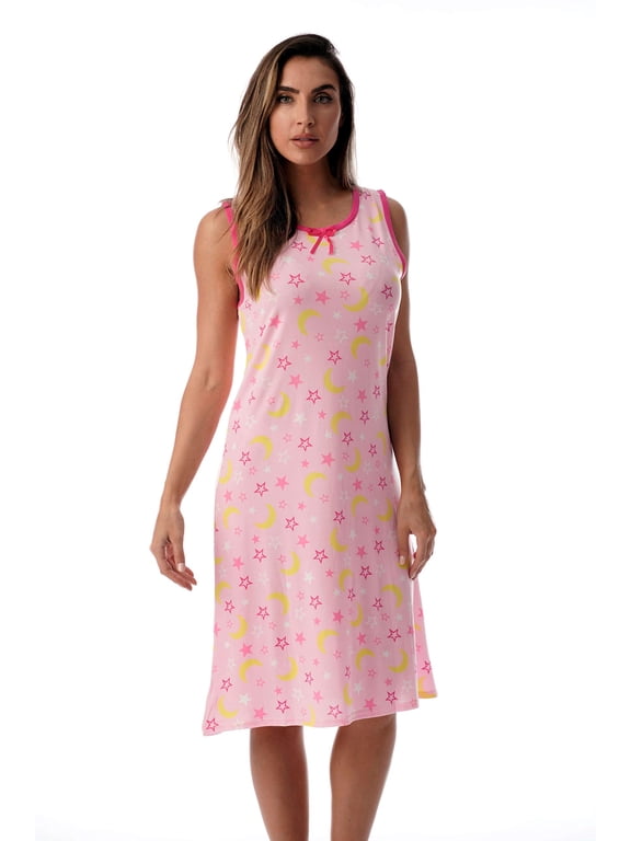 Womens Nightgown Sleep Dress (Pink - Celestial Moon and Stars, Small)