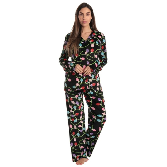 Just Love Womens Pajama Set Comfortable, Chic Sleepwear (Black - Xmas Lights Fleece, 1X)