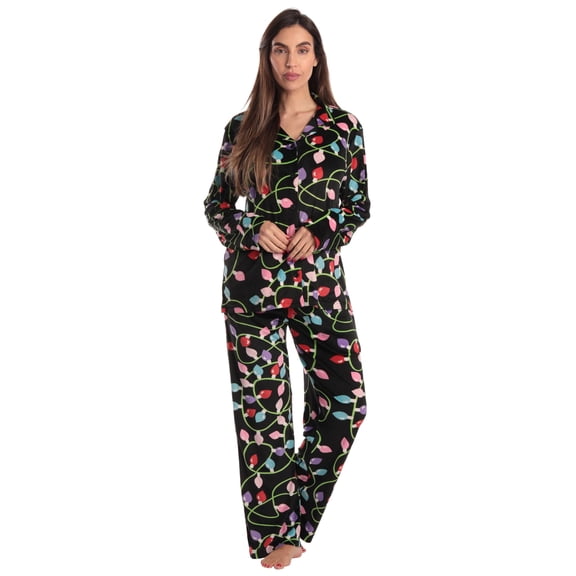 Just Love Womens Pajama Set Comfortable, Chic Sleepwear (Black - Xmas Lights Fleece, Small)