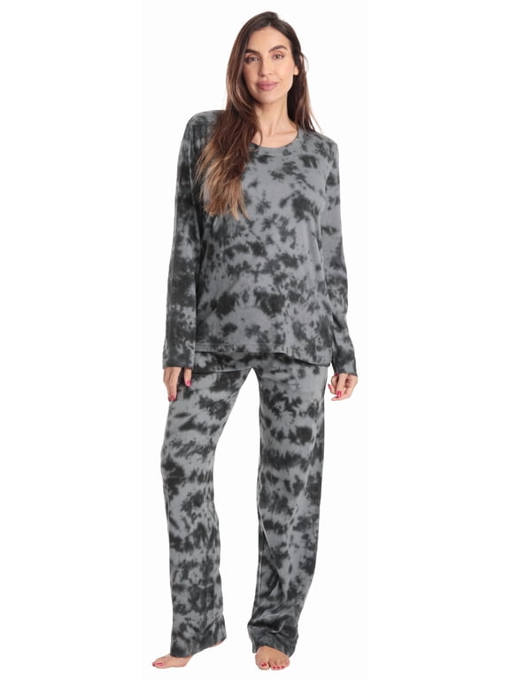 Pajama Pant Set for Women | 100% Cotton Jersey Sleepwear with Pockets (Tie Dye Grey Black Long Sleeve, 3X)