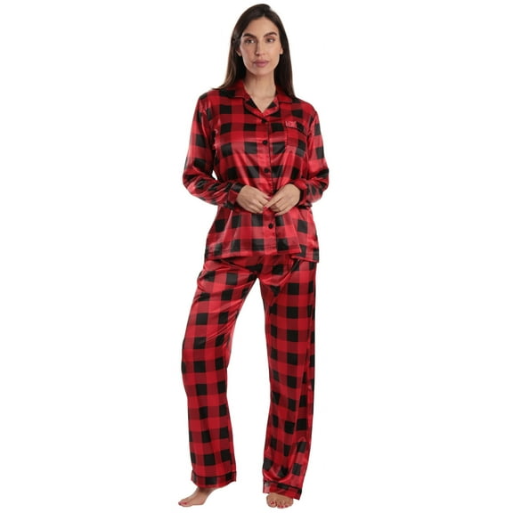 Just Love Womens Pajama Set (Satin Red Black Buffalo Plaid, 1X)