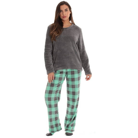 Just Love Womens Plush Pajama Pant Set with Matching Socks Fun, Cozy Sleepwear with Sayings (Buffalo Plaid Mint, Large)