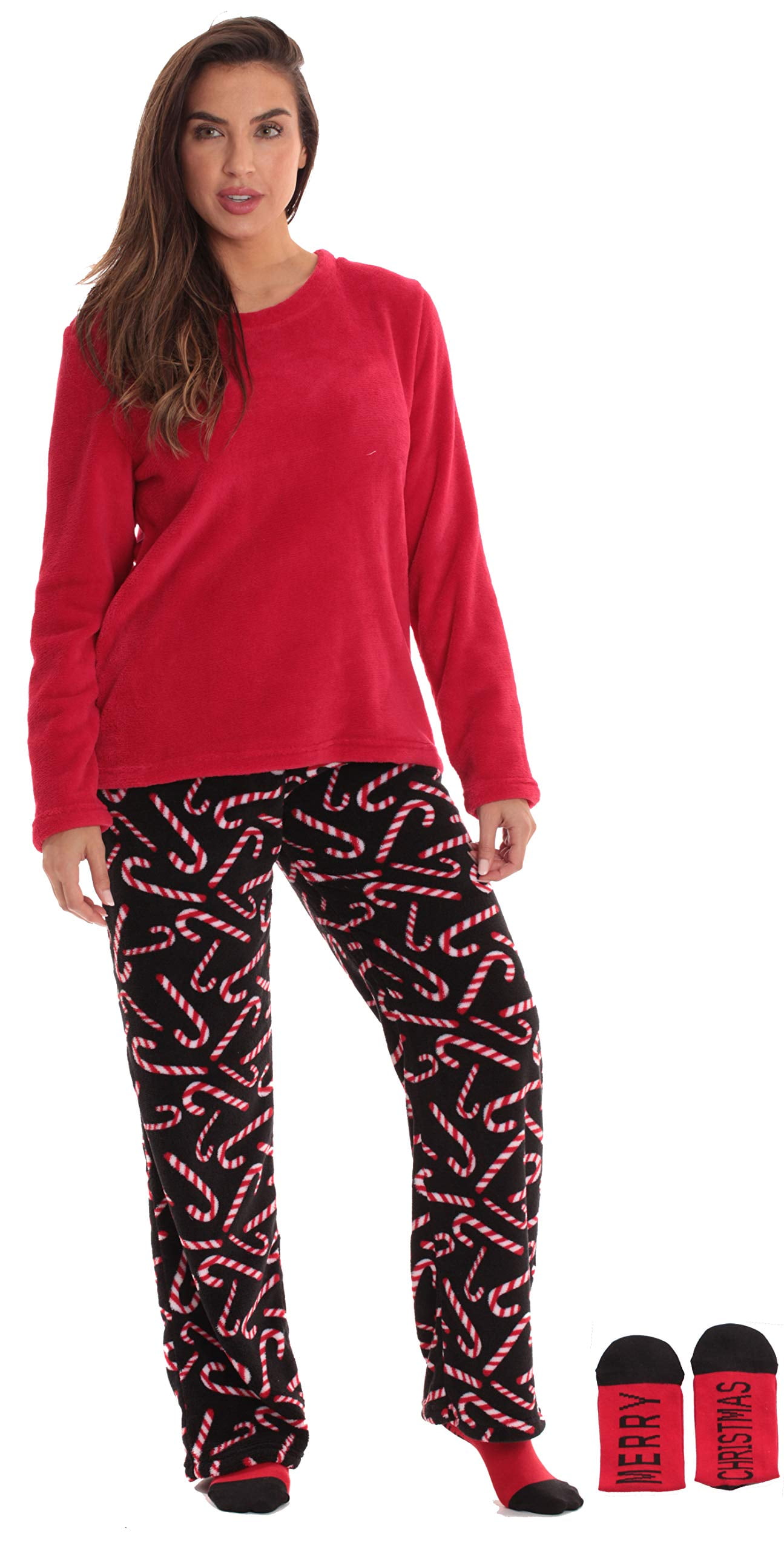Just Love Plush Women's Pajama Set With Matching Socks - Red Holiday Print, Large