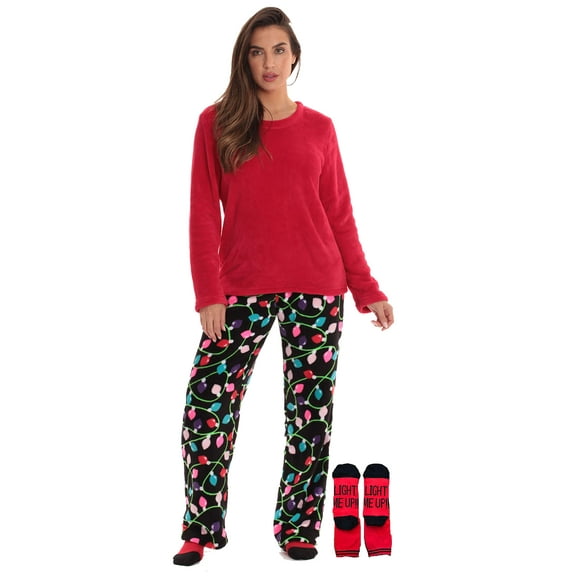 Just Love Womens Plush Pajama Pant Set with Matching Socks Fun, Cozy Sleepwear with Sayings (Christmas Lights Black, 2X)