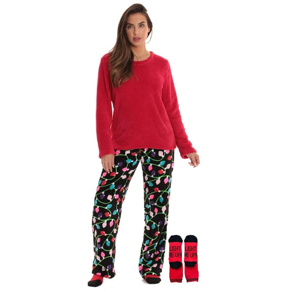 Just Love Womens Plush Pajama Pant Set with Matching Socks Fun, Cozy Sleepwear with Sayings (Christmas Lights Black, Small)