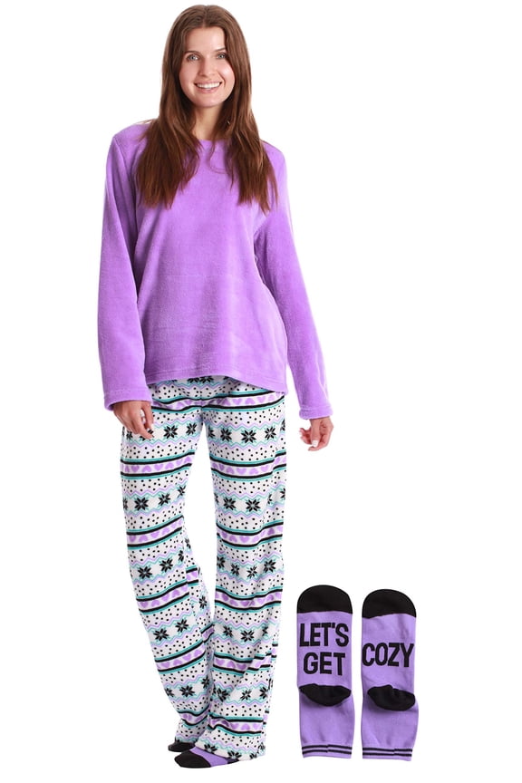 Womens Plush Pajama Pant Set with Matching Socks Fun, Cozy Sleepwear with Sayings (Purple - Heart Snowflake, 2X)