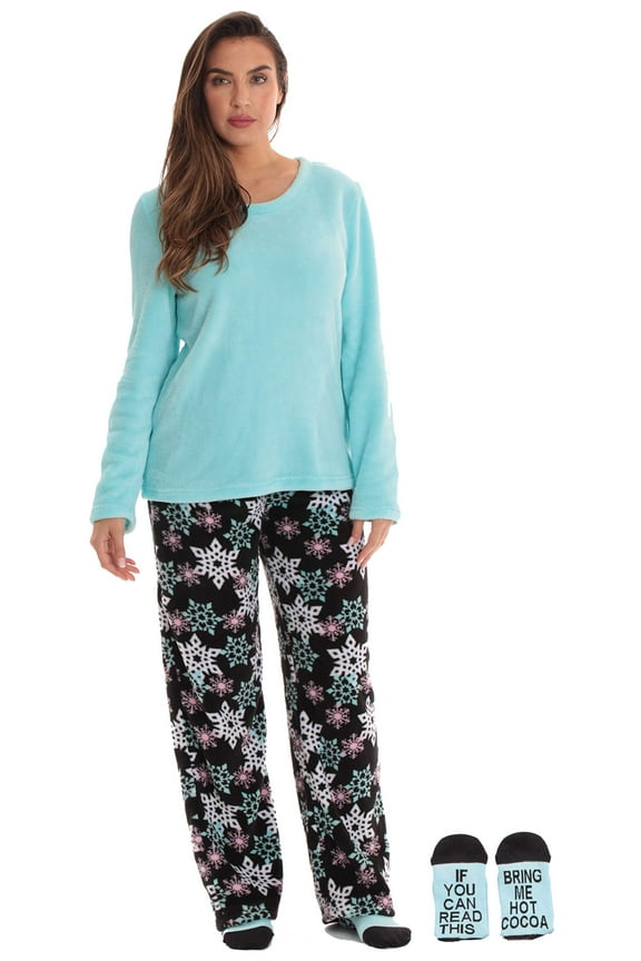 Womens Plush Pajama Pant Set with Matching Socks  Fun, Cozy Sleepwear with Sayings (Winter Snowflake Black, 2X)