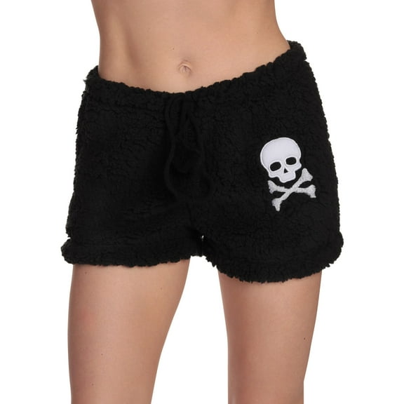Just Love Womens Plush Pajama Shorts (Black - Skull and Crossbones, 1X)