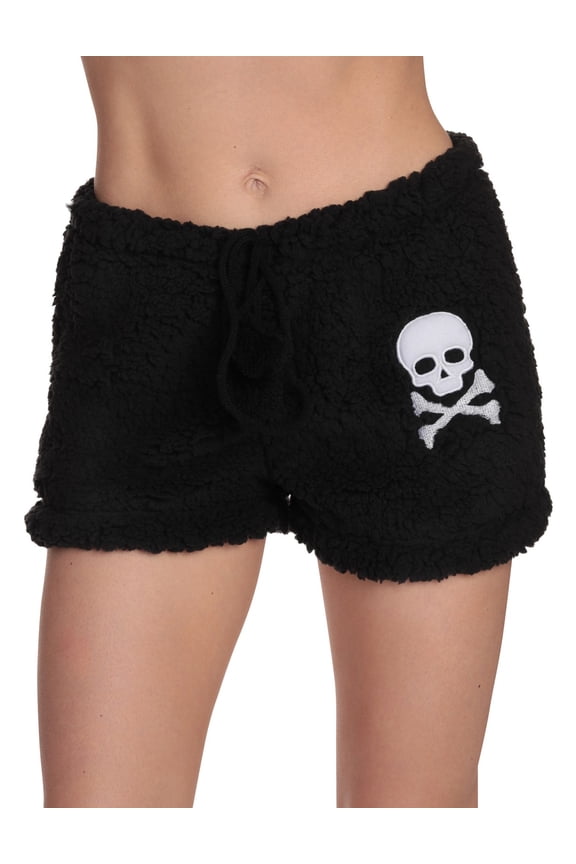 Womens Plush Pajama Shorts (Black - Skull and Crossbones, Small)