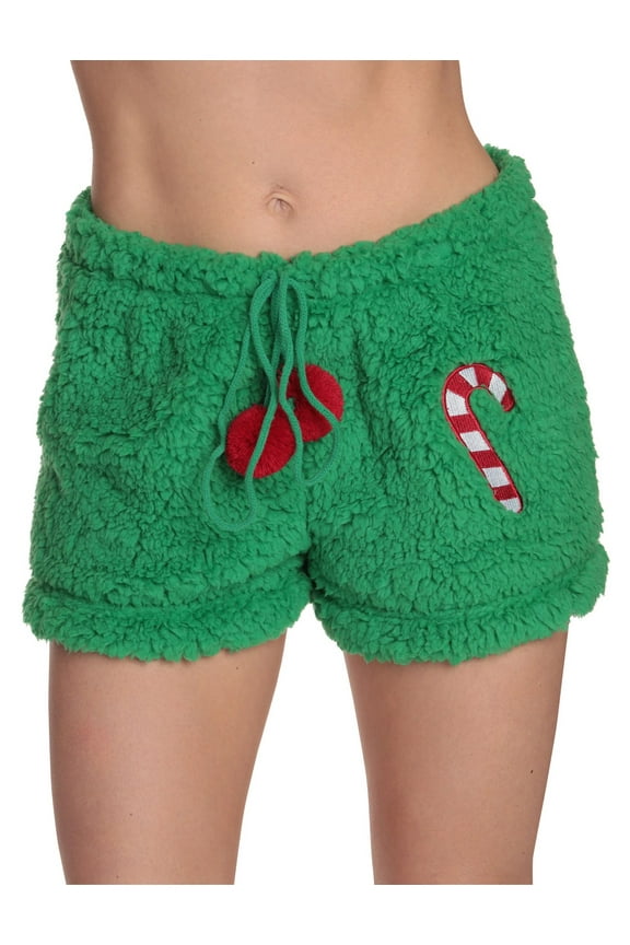 Womens Plush Pajama Shorts (Green - Candy Cane, Medium)
