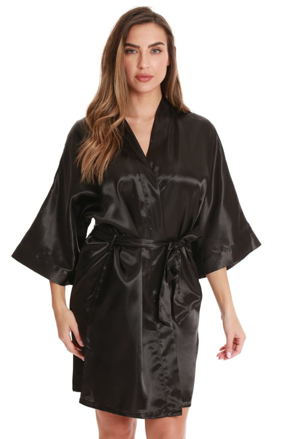 Womens Satin Solid Kimono Robe 6756-BLK-M (Black, Medium)