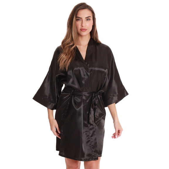 Just Love Womens Satin Solid Kimono Robe 6756-BLK-M (Black, Small)