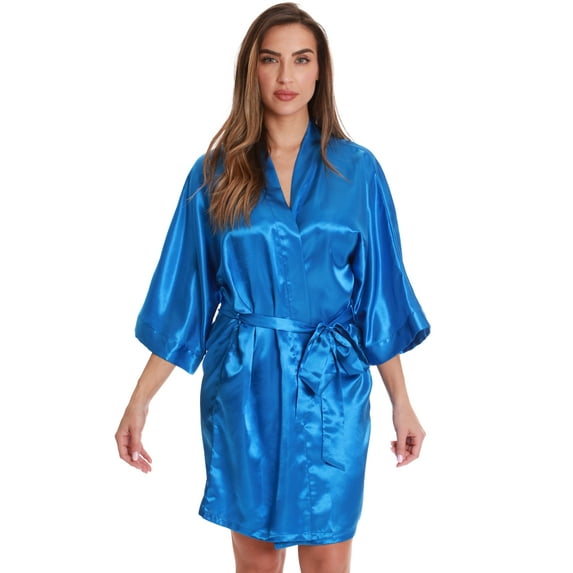 Just Love Womens Satin Solid Kimono Robe 6756-BLK-M (Blue, Small)