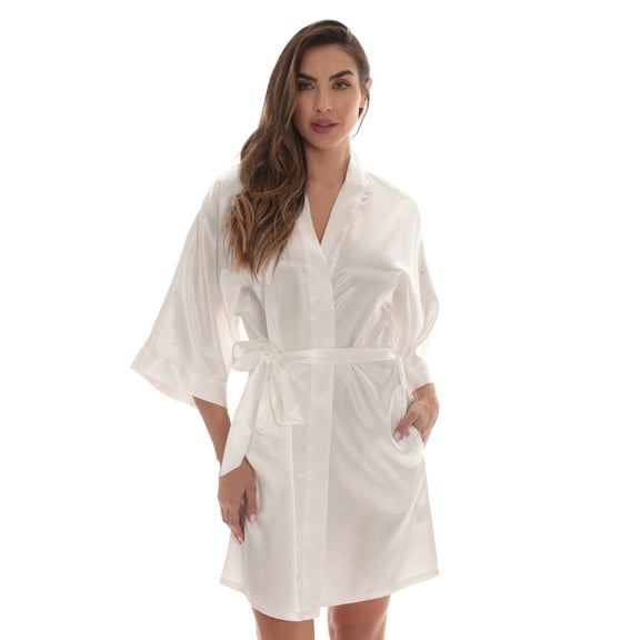 Just Love Womens Satin Solid Kimono Robe 6756-BLK-M (White, Large)