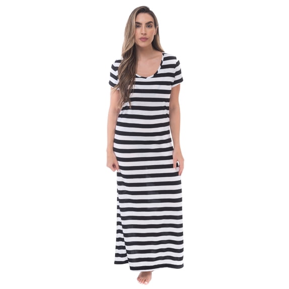 Just Love Womens Stripe Maxi Dress Knit Jersey T-Shirt Dress for Women (Black White Stripe, X-Large)