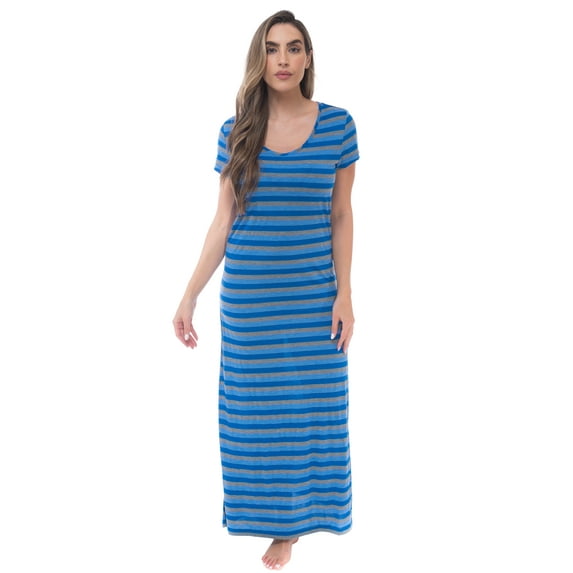 Just Love Womens Stripe Maxi Dress Knit Jersey T-Shirt Dress for Women (Royal Stripe, Medium)