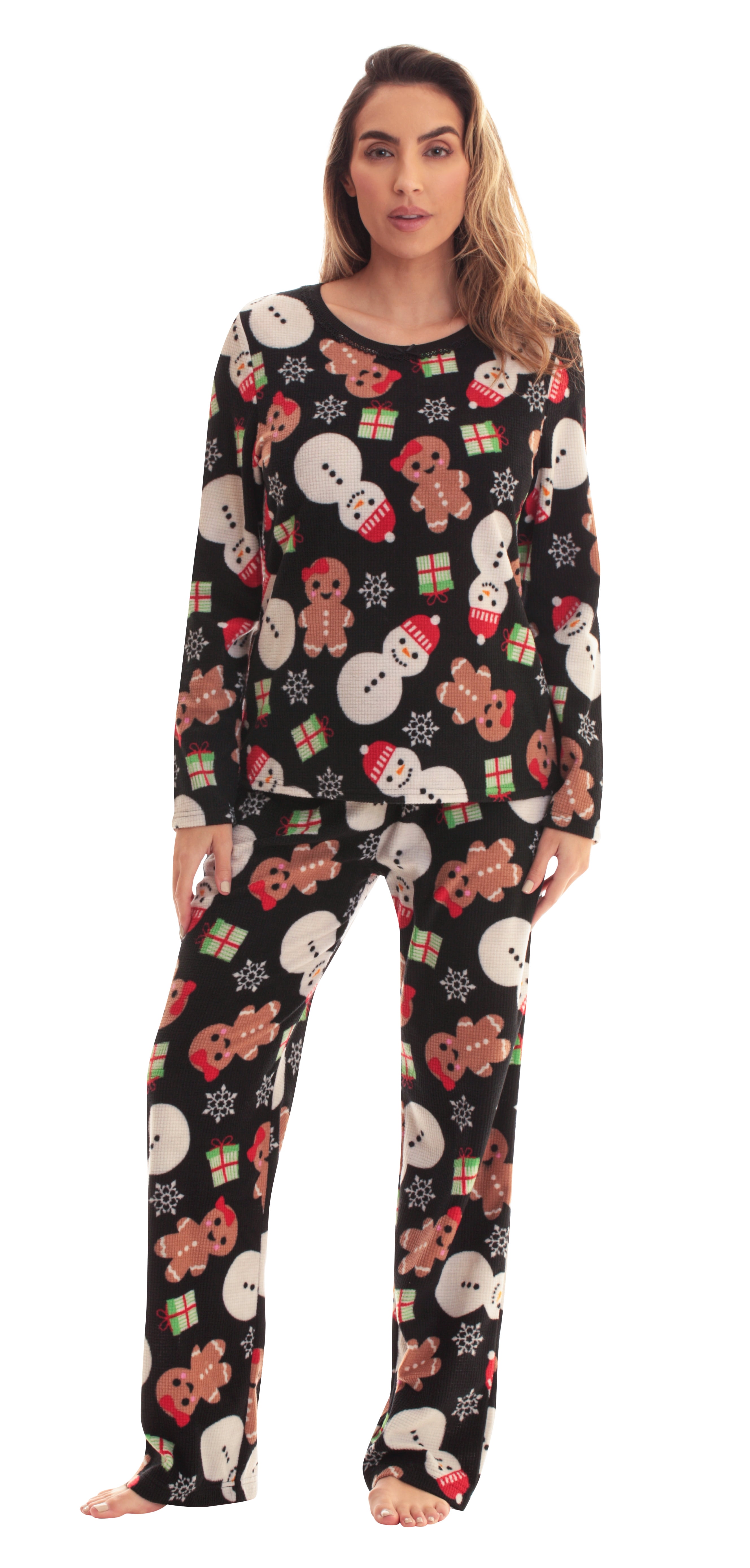 Womens Thermal Fleece Pajamas  Extra Warm & Cozy Winter Sleepwear (Black - Holiday, Small)