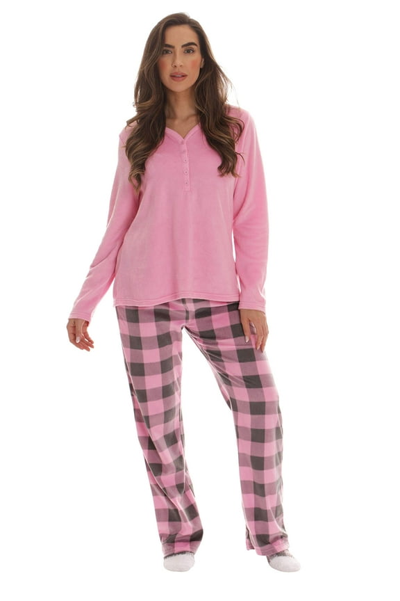 Womens Ultra-Soft Pajama Pant Set with Matching Socks (Pink Charcoal - Buffalo Plaid, Large)