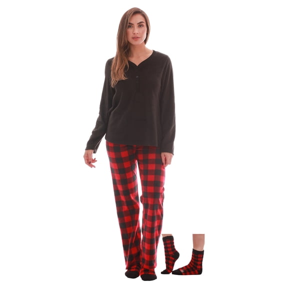 Just Love Womens Ultra-Soft Pajama Pant Set with Matching Socks (Red Black - Buffalo Plaid, Large)