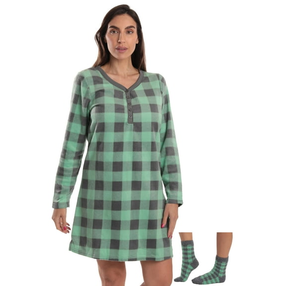 Just Love Womens Ultra-Soft Sleep Shirt Nightgown with Matching Fuzzy Socks (Buffalo Plaid - Mint Charcoal, X-Large)