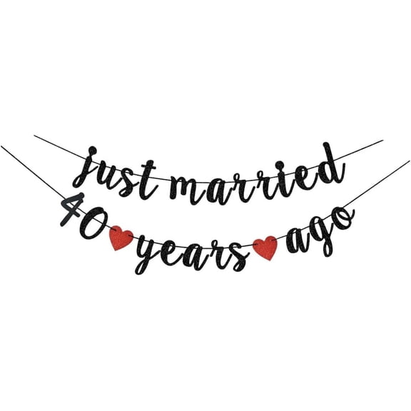 Just Married 40 Years Ago Black Red Glitter Heart Banner 40th Ruby Wedding Anniversary Party Supplies