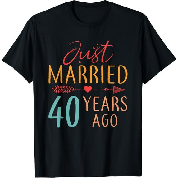 Just Married 40 Years Ago Retro Couple 40th Anniversary T-ShirtMen's and women's gift, black and white T-shirt, size: Extra large S-4XL