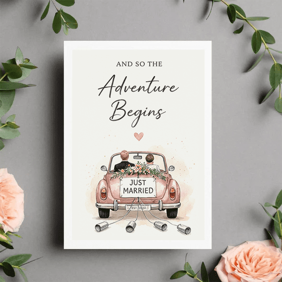 Just Married Adventure Begins Greeting Card for Newlyweds - Fun ...