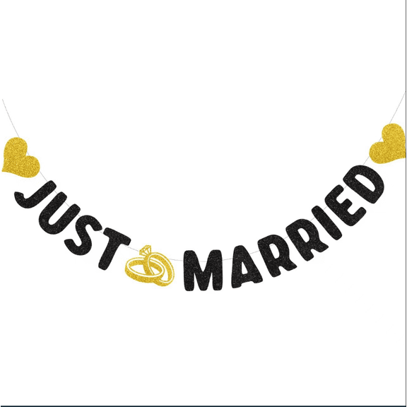 Just Married Banner, Black and Gold Glitter, Wedding Party Decoration, with Hearts and Rings