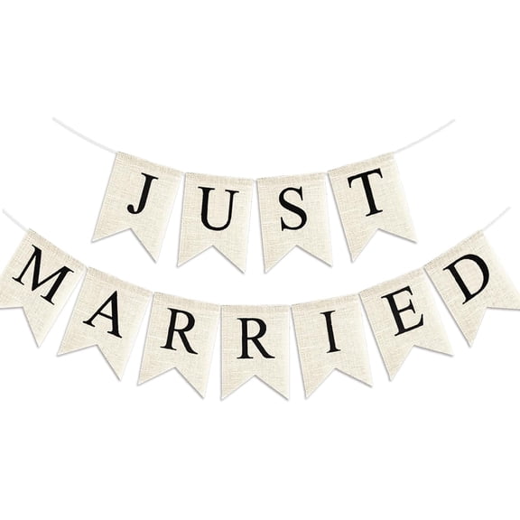 Just Married Banner Burlap Vintage,Rustic Just Married Banner Cream White with Black Letters, Pre-Assembled Engagement Wedding Car Decoration, Wedding Bunting Bridal Shower Decoration