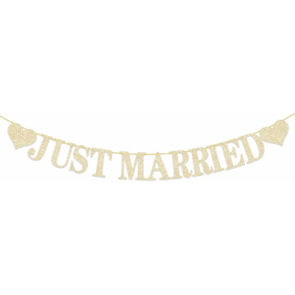 Just Married Banner Gold Glitter Letters and Hearts Wedding Party Banner Just Married Car Decorations for Bridal Shower Engagement Wedding Reception Party Decorations Supplies