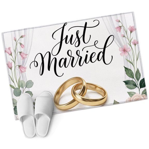 Just Married Bathroom Rug Washable 2x3 Entryway Rug Non Slip Romantic Ring Pink Floral Eucalyptus Leaves Front Door Mat Low Pile Indoor Doormat Throw Floor Carpet for Kitchen Bedroom Entrance