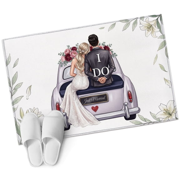 Just Married Bathroom Rug Washable 2x3 Entryway Rug Non Slip Romantic Weeding Celebration Flowers Leaves Front Door Mat Low Pile Indoor Doormat Throw Floor Carpet for Kitchen Bedroom Entrance