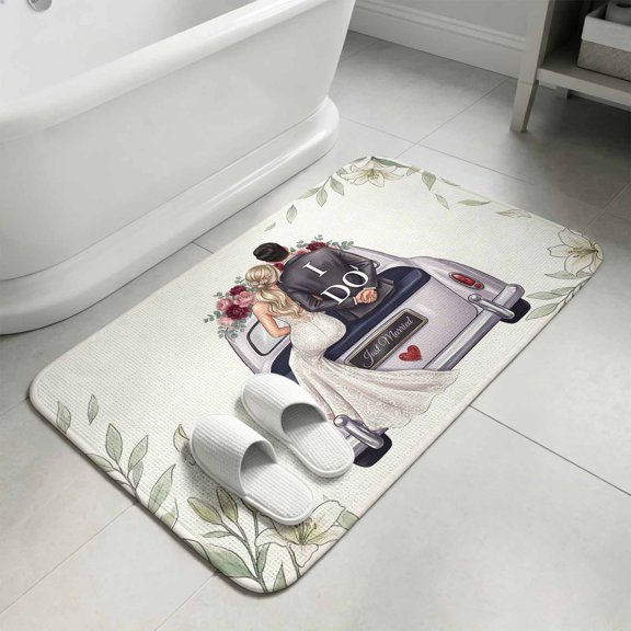 Just Married Bathroom Rugs Non Slip Washable Bath Mat Absorbent Front Door Mat Romantic Weeding Celebration Flowers Leaves Indoor Doormat for Kitchen Entryway Shower Decor Accessories 15.7"x23.6"