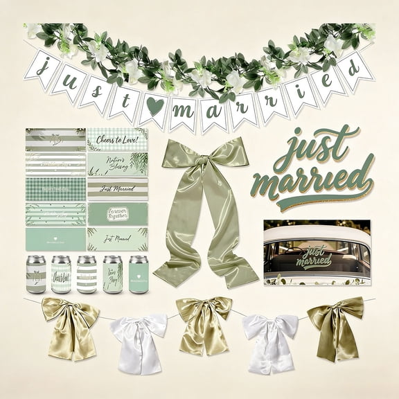 Just Married Car Decoration Wedding Banner Sticker Artificial Flower Car Window Decal Bow Wreath Ribbon for Honeymoon Wedding Reception Ceremony Party Decor Photo Prop