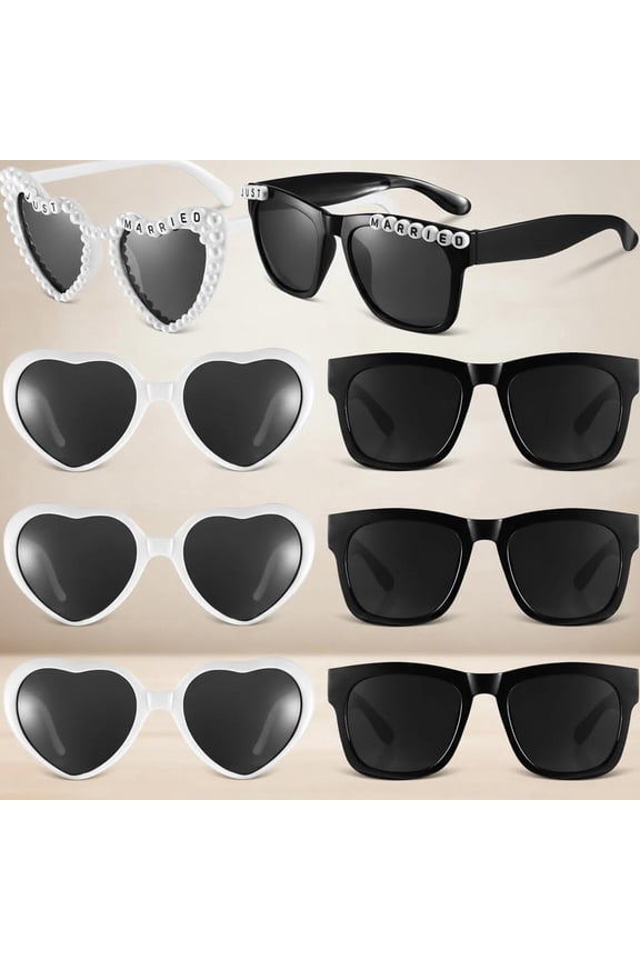 Just Married Decorations, Bride and Groom Sunglasses for Wedding Party, Vintage Pearl Heart Glasses