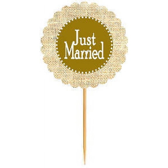 Just Married Gold Rustic Burlap Wedding Cupcake Decoration Topper Food Picks