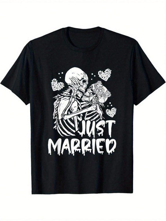 Just Married Halloween Skeleton Bride And Groom Wedding T-Shirt Summer Comfortable Casual Short Sleeve T-Shirt