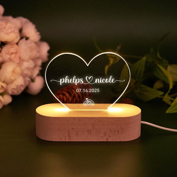 Just Married Heart Design Custom LED Light Acrylic Plaque Wooden Base Wedding Anniversary Gift Couple Desk Lamp