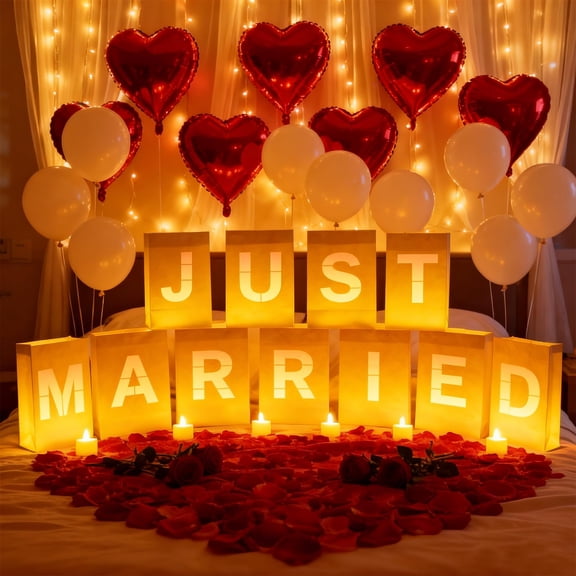 Just Married Light Up Letters  Include With Tea Lights Candles Latex Balloons Aluminum And Rose Petals Luminary Paper Bags For Banner Decorations