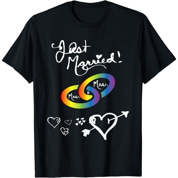 Just Married Mrs & Mrs Gay Lesbian Wedding Engagement LGBTQ T-Shirt