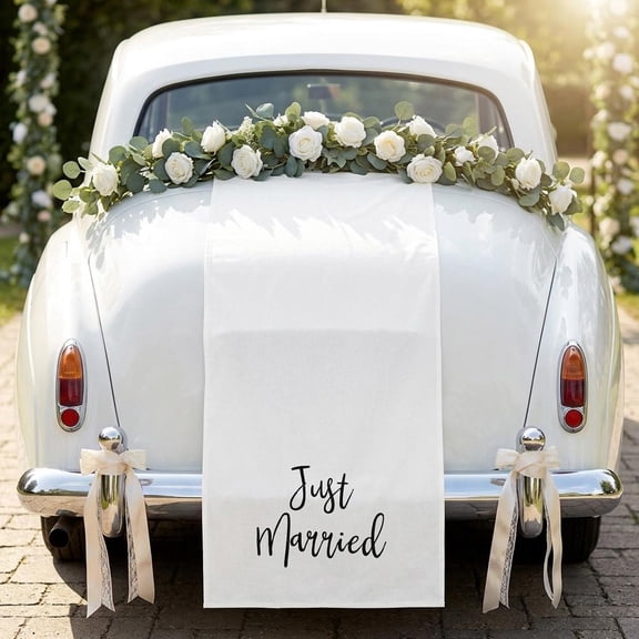 Just Married Sign for Wedding Car Decorations, Rustic Burlap Linen Banner and Bridal Shower Reception Decor, Large Fabric Backdrop with Tulle Bows, Photo Prop Ideal for Newlywed Getaway Vehicle