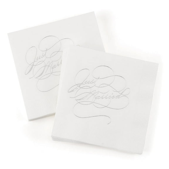 Just Married Silver Script Beverage Paper Napkins - 4.75-Inch (Folded) - Silver Foil Stamped - 50 Pack (55560)