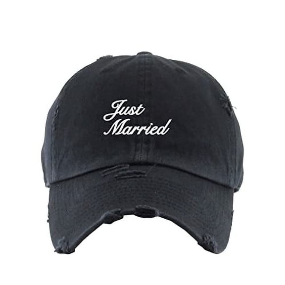 Just Married Vintage Baseball Cap Embroidered Cotton Adjustable Distressed Dad Hat Brush Black