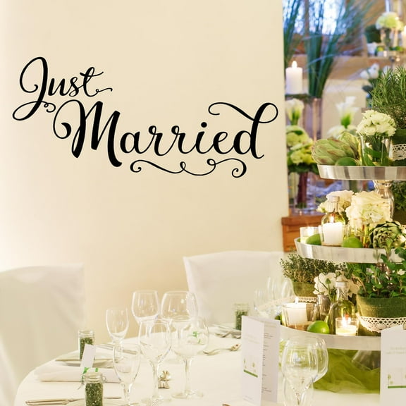 Just Married Vinyl Car Decal Wedding Decoration Quote Lettering Wall Decal or Car Sticker - Size: 10"H x 22"L - Color: Black
