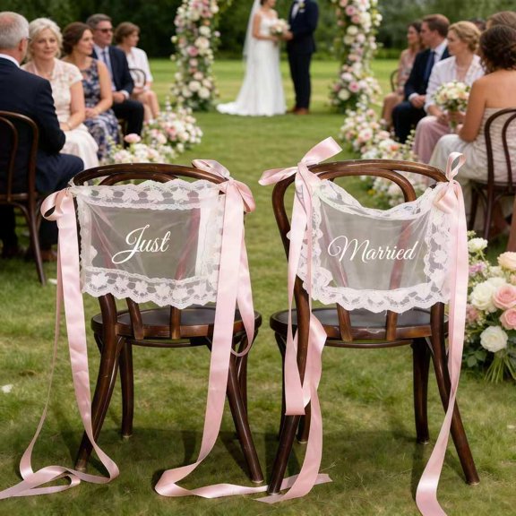 Just Married Wedding Chair Signs Set of 2, Sheer Lace Bride and Groom Chair Back Decor with Ribbon, Romantic Elegant Decor for Wedding Reception Ceremony Sweetheart Table